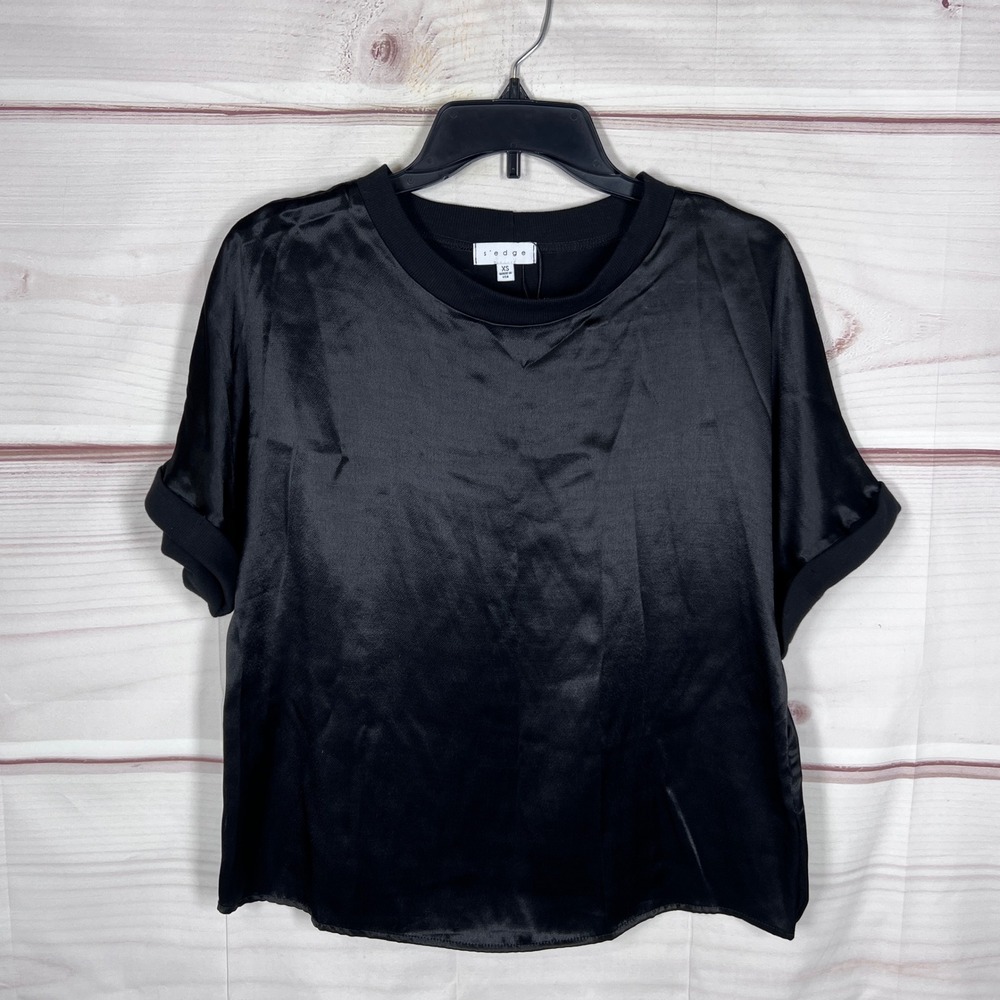 S'edge Top Women XS Black Satin Short Sleeve Crew Neck Ribbed Trim Blouse Solid